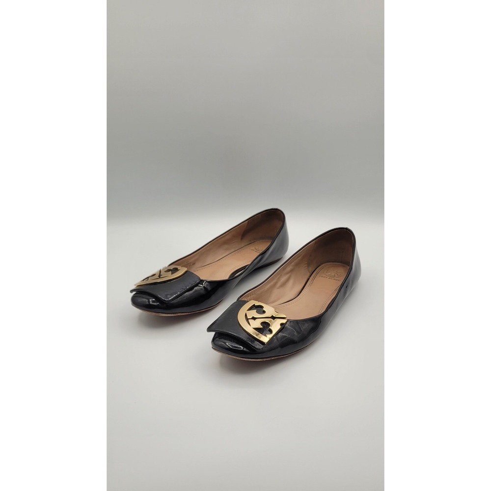Tory Burch Womens Ballet Flats 9M Black Patent Leather Chelsea Gold Logo